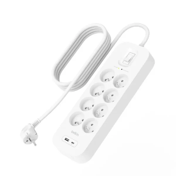 Multiprise parafoudre BELKIN 8 Prises Avec 1 port USB-C et 1 port USB-A SurgePlus 18 W Blanc