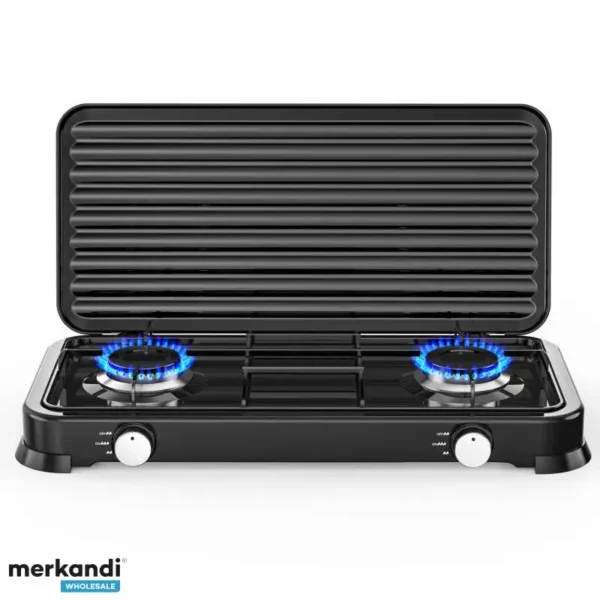 Cuisinière À Gaz Double Avec Couvercle ROSBERG R51454D2 - 2 X 2,2 KWH - 30 Mbar - Acier Carbone Noir