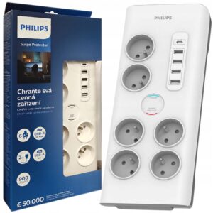 Multiprise Parafoudre PHILIPS 6 Prises CA 40 W, 2 - Blanc