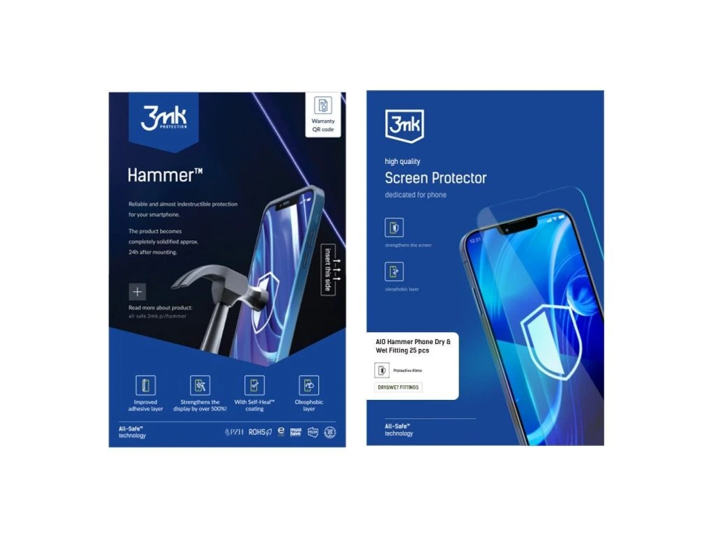 Film 3MK All-Safe AIO Pour Téléphone, Compatible Avec Les Appareils Humides, 25 Pièces