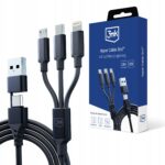 Câble 3MK HYPER 3 en 1 USB-A/C Vers USB-C/Micro/Light - Noir