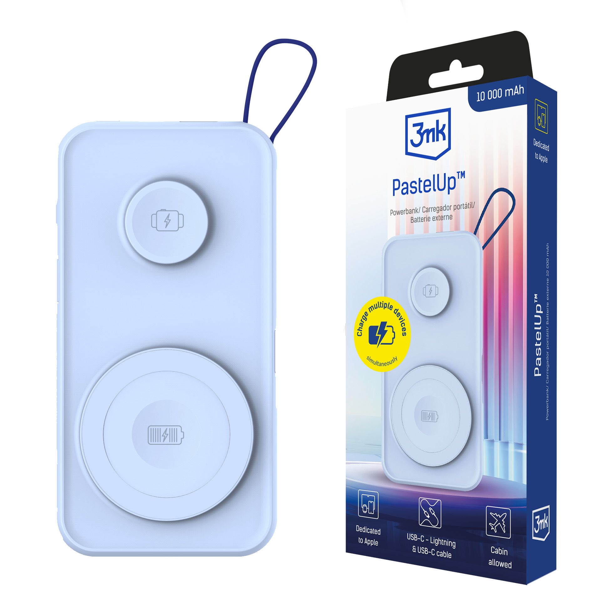 PowerBank PastelUp 3MK Sans Fil Qi MagSafe 10.000mAh 22.5W - USB A Vers C - Bleu