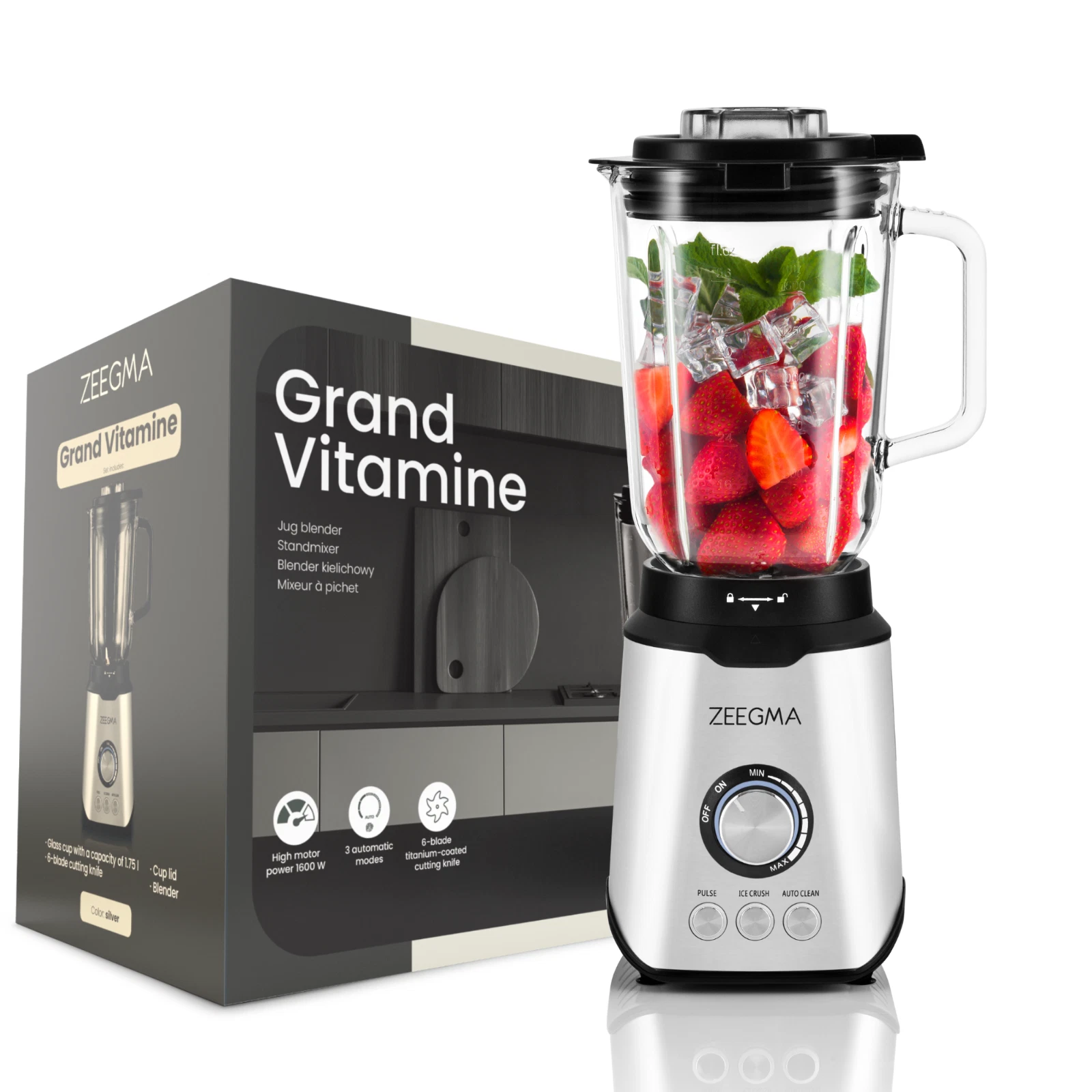 Blender Multifonctionnel ZEEGMA Smoothies, Régulation Vitesse, Grande Tasse 1,75L - 1600W