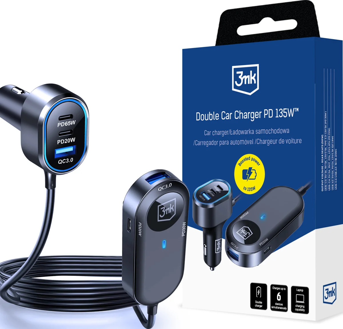 Chargeur Double 3MK Pour Voiture, Charge Rapide 135W - Noir