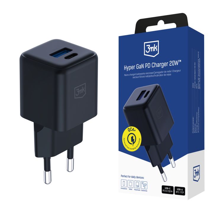 Chargeur Mural 3MK Hyper GaN 20W QC4, PD, PPS, USB-C, USB-A